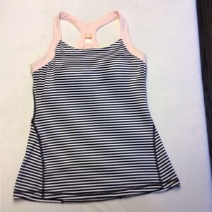 Lucy Black and White Striped Athletic top, Pink Straps, Built-in Bra